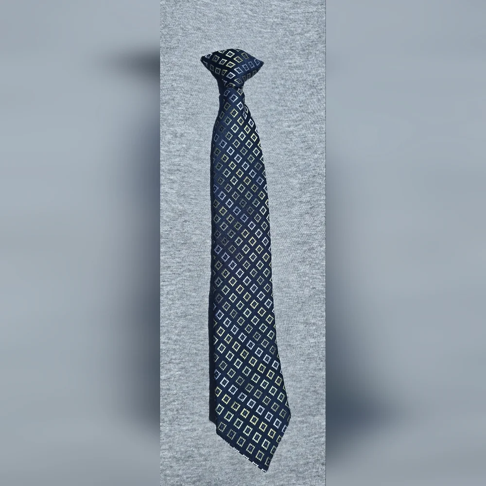 Boy's George Navy Clip On Tie w/ Yellow and Gold Diamond Pattern